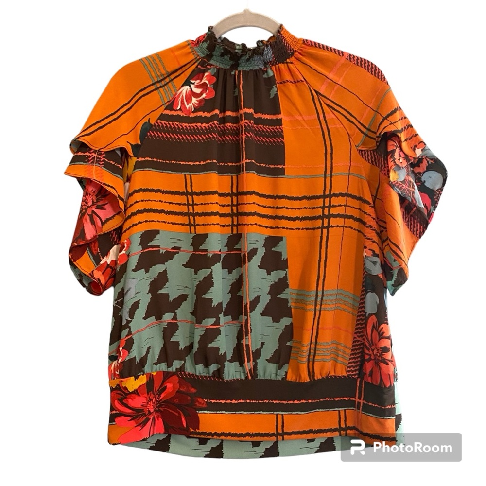 NWT 7th Avenue Y2K Orange Abstract Smocked Mock Neck Flutter Sleeve Top Sz M